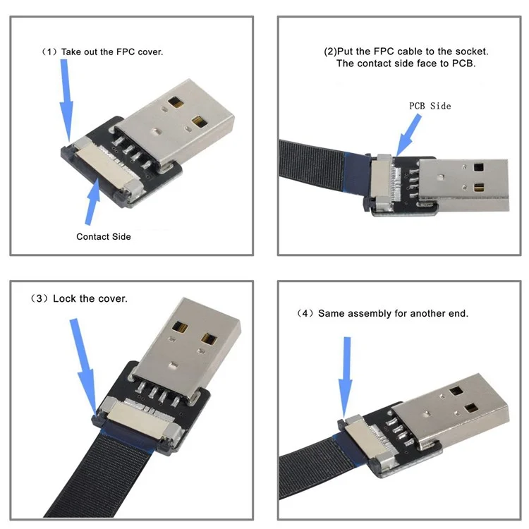 U2-039-BK-0.2M CN-011-MA/CN-013-MA/CN-01 Câble plat et fin FPC USB 2.0 de type A mâle vers USB-C type C mâle pour FPV/disque/téléphone