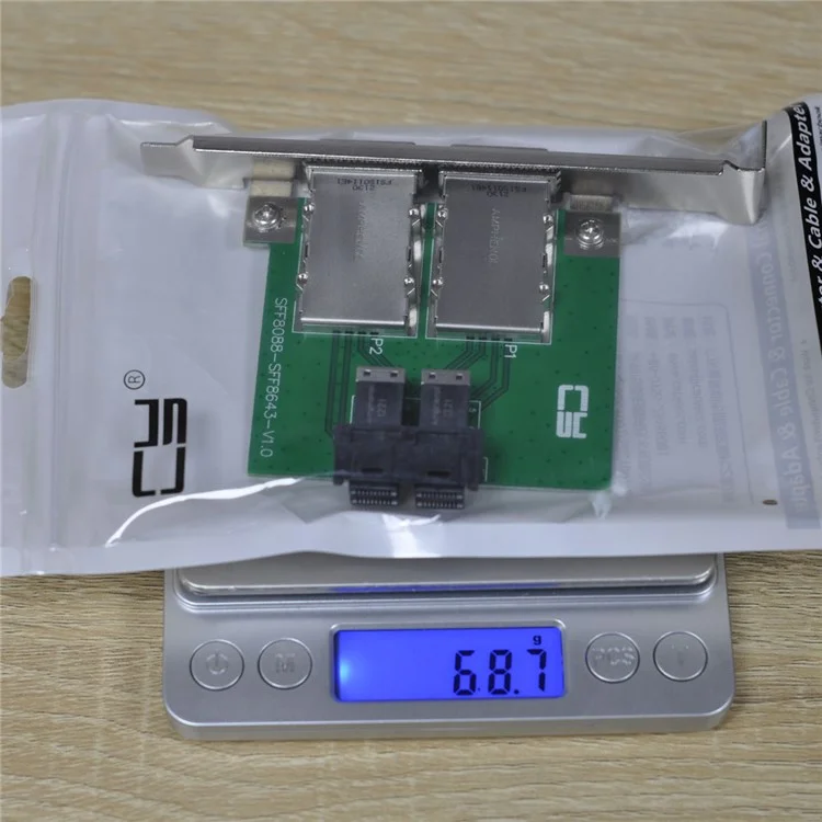 SF-030 Dual Ports Mini SAS SFF-8088 to Internal SAS HD SFF-8643 PCBA Female Adapter with Low Profile Bracket