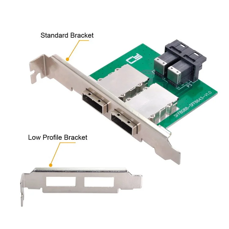 SF-030 Dual Ports Mini SAS SFF-8088 to Internal SAS HD SFF-8643 PCBA Female Adapter with Low Profile Bracket
