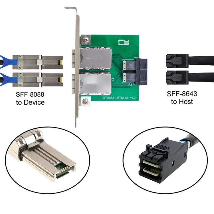 SF-030 Dual Ports Mini SAS SFF-8088 to Internal SAS HD SFF-8643 PCBA Female Adapter with Low Profile Bracket