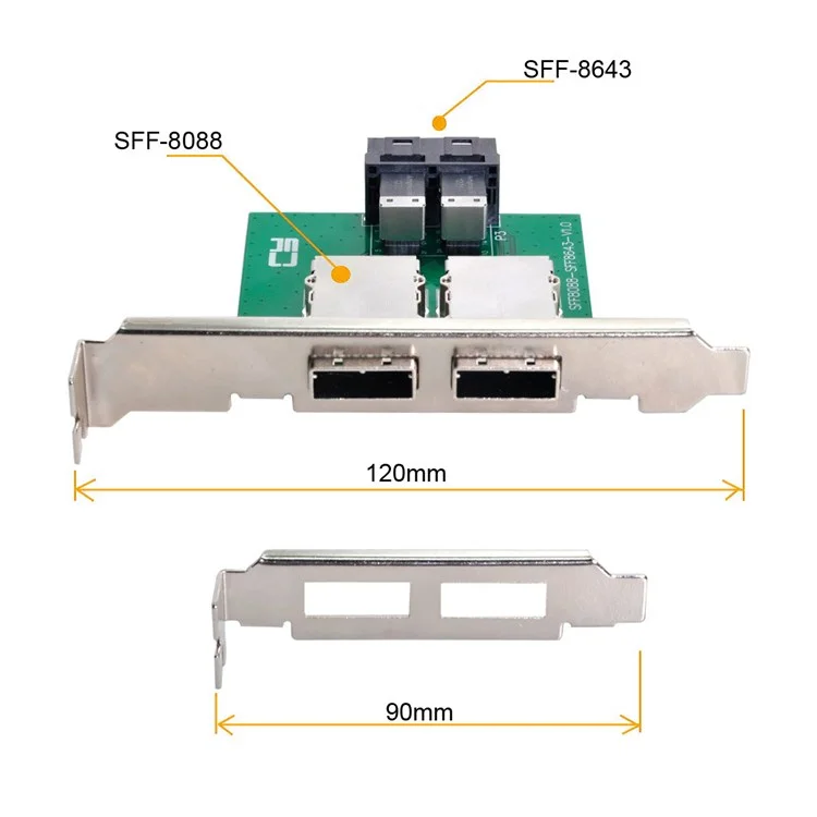 SF-030 Dual Ports Mini SAS SFF-8088 to Internal SAS HD SFF-8643 PCBA Female Adapter with Low Profile Bracket