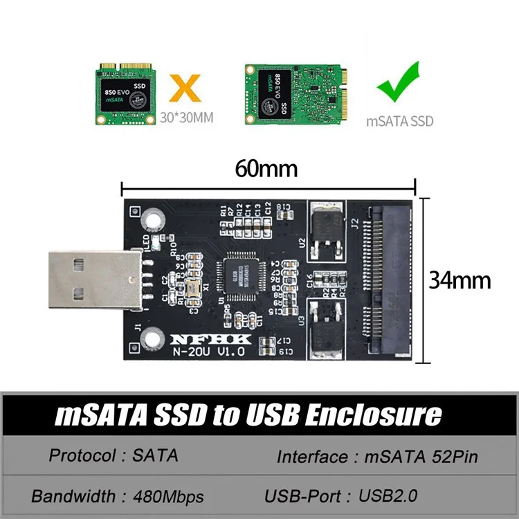 Carte de conversion adaptateur externe SSD U2-008 Mini PCI-E mSATA vers USB 2.0 sans boîtier