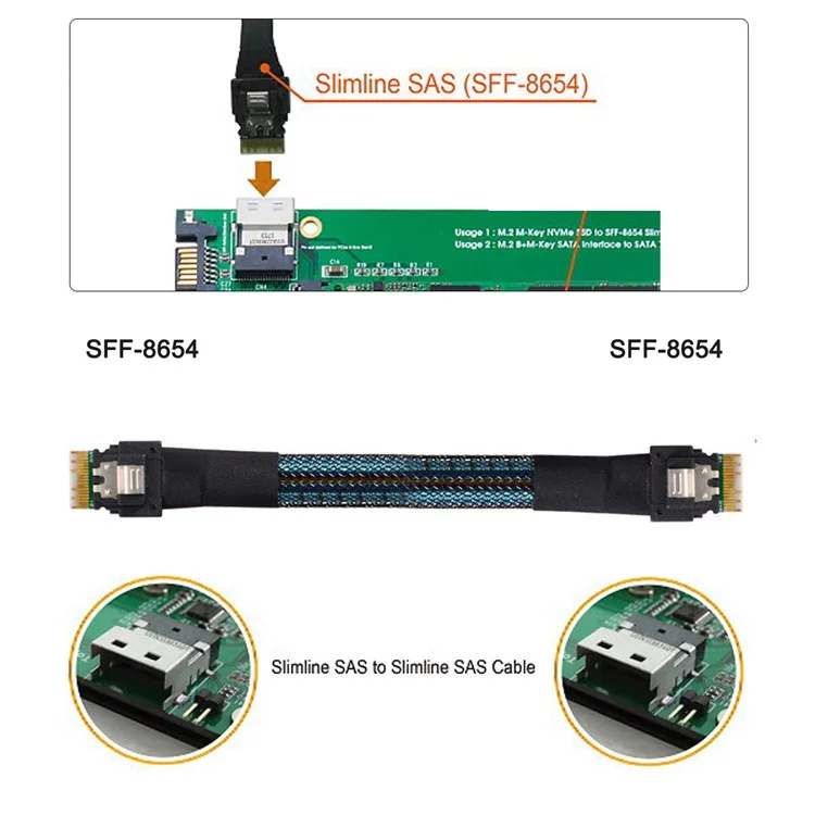 SF-100 50cm PCI-E Line Slim SAS 4.0 SFF-8654 4i 38pin Hôte Pour SFF-8654 Slim SAS Target Cable