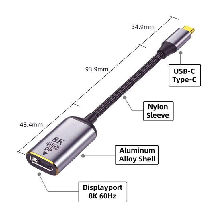 UC-006-D8K USB-C Vers le Cordon DP Type-C à Displayport DP Adaptateur de Câble Féminin Prise en Charge 8k / 60hz UHD 4K Moniteur Afficher le Convertisseur de Câble Tressé en Nylon