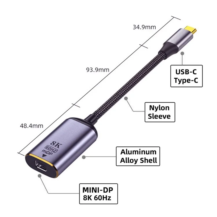 UC-006-M8K USB-C à Mini DP Cable Type-C Mâle à Mini-displayport Adaptateur de Câble Féminin Affichage du Moniteur 8k / 60hz UHD 4K