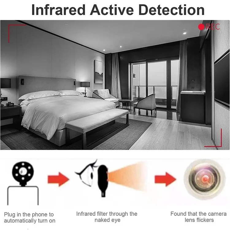 Portable Anti-Spy Hidden Camera Infrared Detector Anti-peeping Detector Spy Finder for Screening Pinhole / Spy Cameras - Type-C / Black