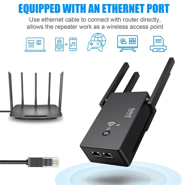 U6 1200 м Беспроводной роутер, сетевой повторитель, усилитель Wi-Fi сигнала с внешними антеннами, черный / Разъем для ЕС