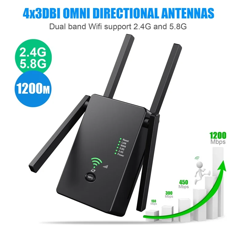 U6 1200m Wireless Router Network Extender Wi-Fi Repeater with External Antenna, WiFi Signal Booster - Black / EU Plug