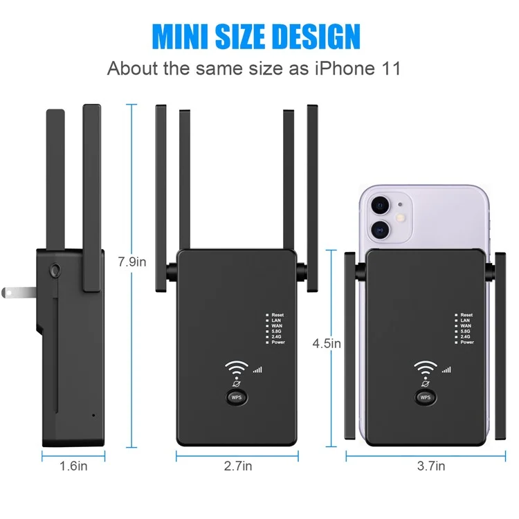 U6 1200m Wireless Router Network Extender Wi-Fi Repeater with External Antenna, WiFi Signal Booster - White / US Plug