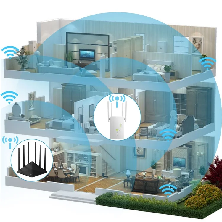 U6 1200m Wireless Router Network Extender Wi-Fi Repeater with External Antenna, WiFi Signal Booster - White / US Plug