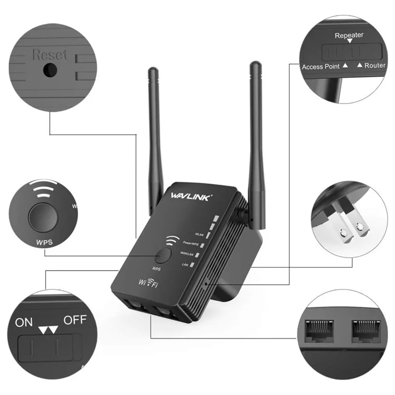 WAVLINK WS-WN578R2-B N300 WiFi Extender Home Wireless Router with 2 External Antennas - EU Plug