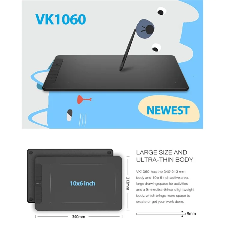VEIKK VK1060 Tableta gráfica digital de 10x6 pulgadas con lápiz sensible a la presión de 8192 niveles