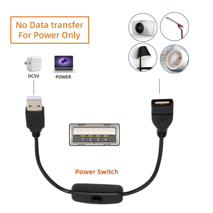 Cabo PW-012-AM USB2.0 Com Botão Liga / Desliga On Off Power USB Tipo a Masculino Para Fêmea Para Câmera de Ventilador de Lâmpada de Mesa de 5V DC 5V