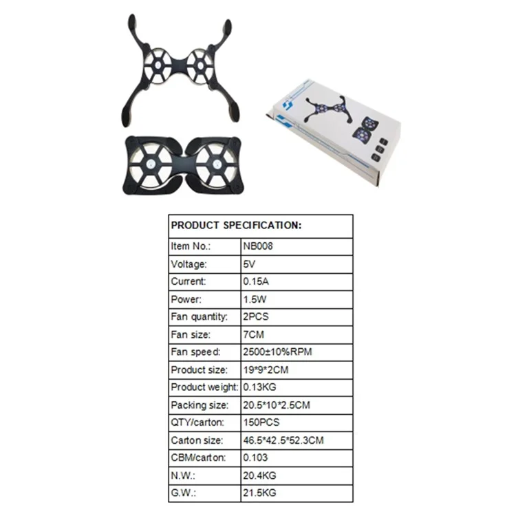 Support de refroidissement pour ordinateur portable pliable NB008 avec 2 ventilateurs, support réglable pour ordinateur portable portable
