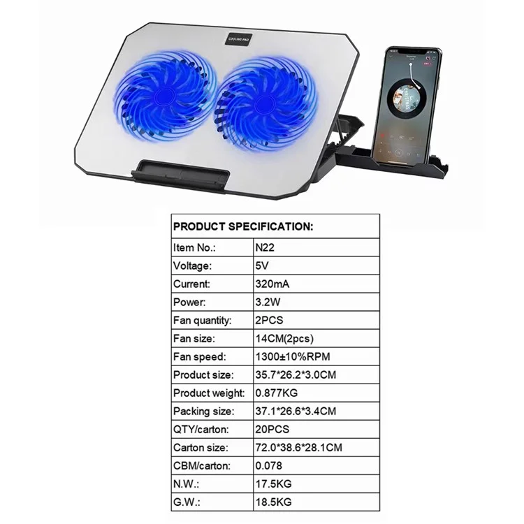 N22 Adjustable Laptop Cooling Stand Phone Holder Portable Notebook Cooler with 2 USB Ports