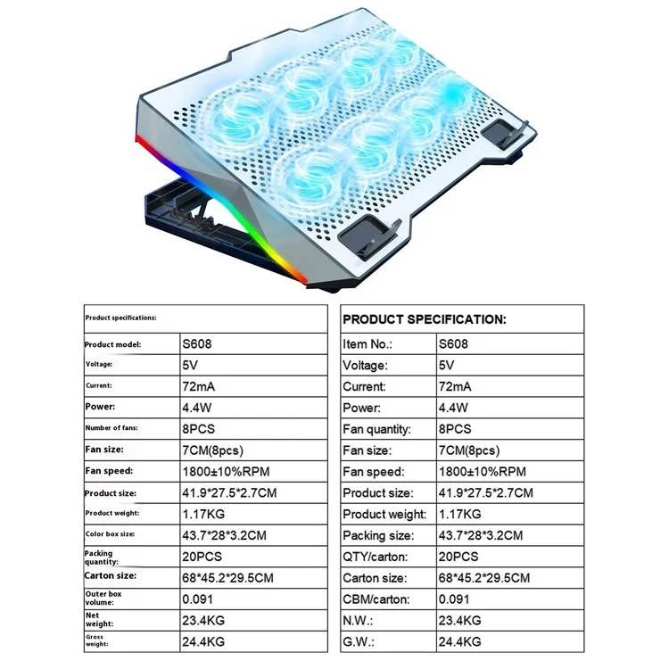 S608 RGB-Licht-Laptop-Kühler mit 8 Lüftern, höhenverstellbar, Notebook-Kühlpad mit Handyhalterung