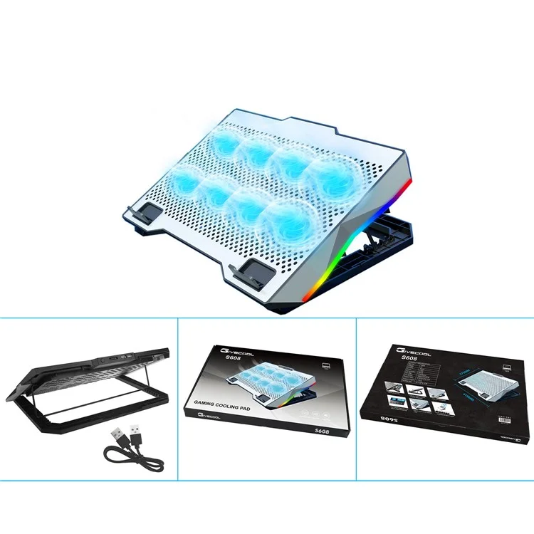 S608 RGB-Licht-Laptop-Kühler mit 8 Lüftern, höhenverstellbar, Notebook-Kühlpad mit Handyhalterung