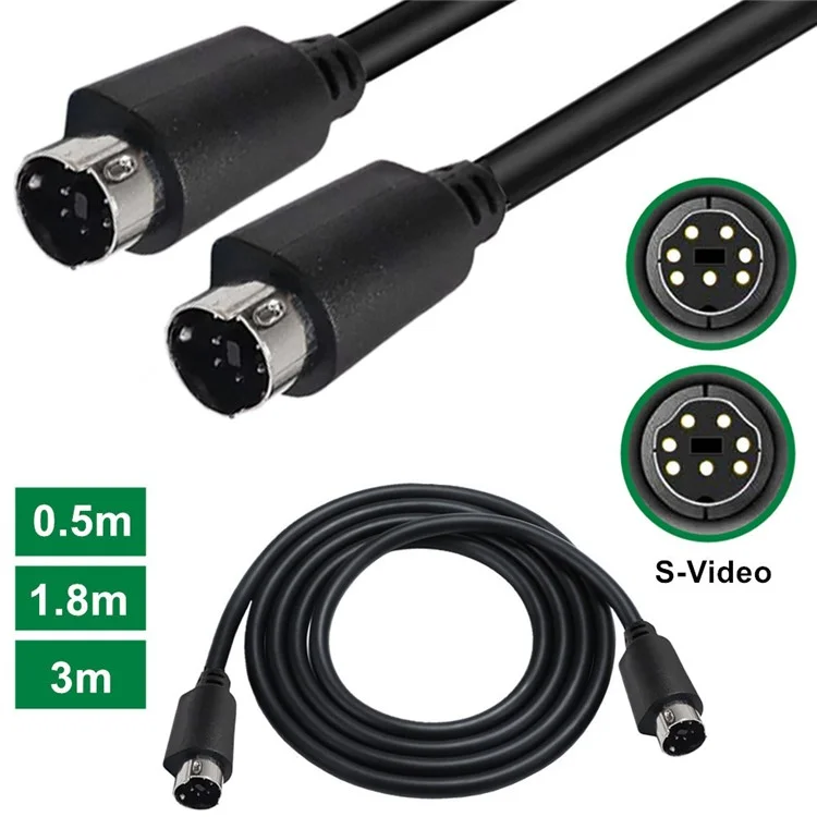 Cabo de vídeo e áudio S-Video Mini DIN de 7 pinos de 3m, macho a macho, reto