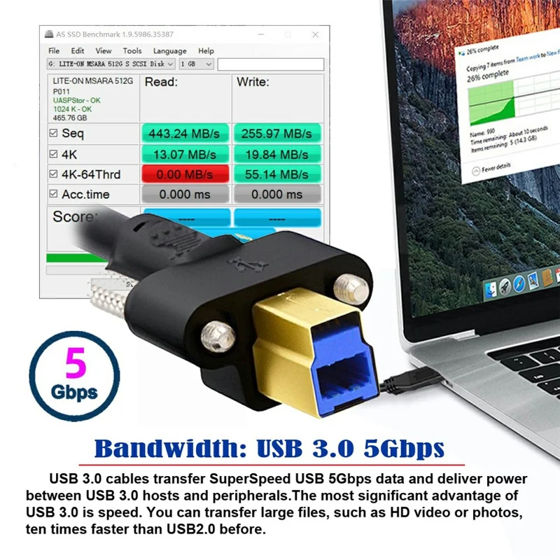 U3-102-2.0M USB 3.0 Type A Male to Type B Thumbscrew Standard Male Mount Panel Type for Industrial Camera Scanner