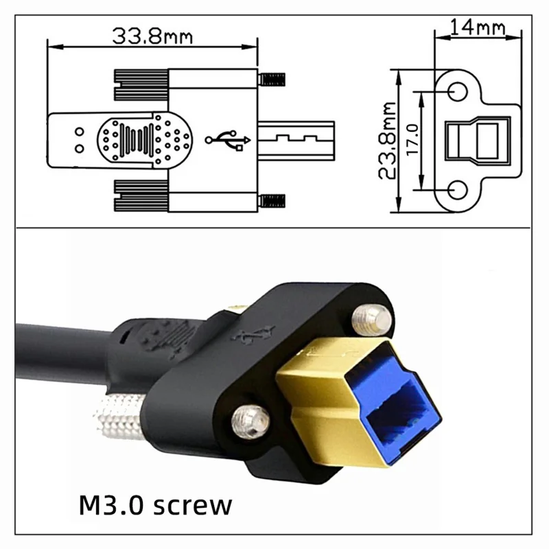 U3-102-2.0M USB 3.0 Type A Male to Type B Thumbscrew Standard Male Mount Panel Type for Industrial Camera Scanner