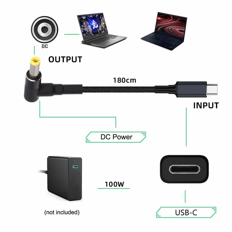 Câble UC-110-5525MM USB-C vers DC 5,5x2,5 mm, 1,8 m, tressé en nylon, 100W PD pour ordinateur portable