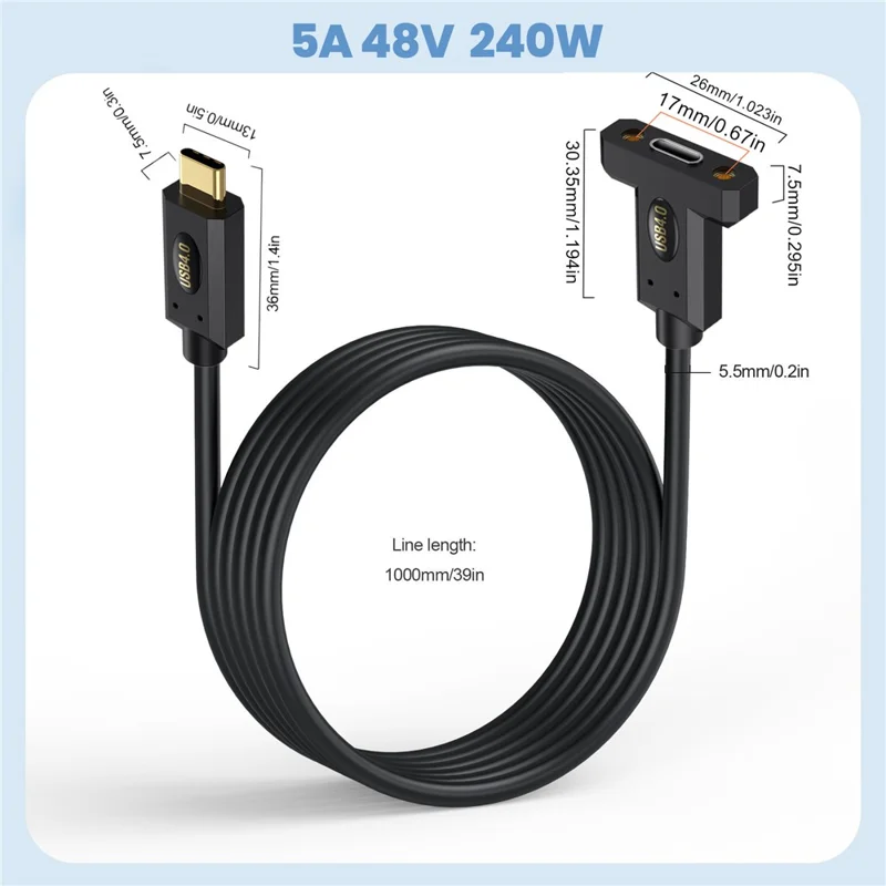1m USB 4.0 Type-C Male to Female Extension Cable with Panel Mount 240W 8K 40Gbps Data Extender Cord