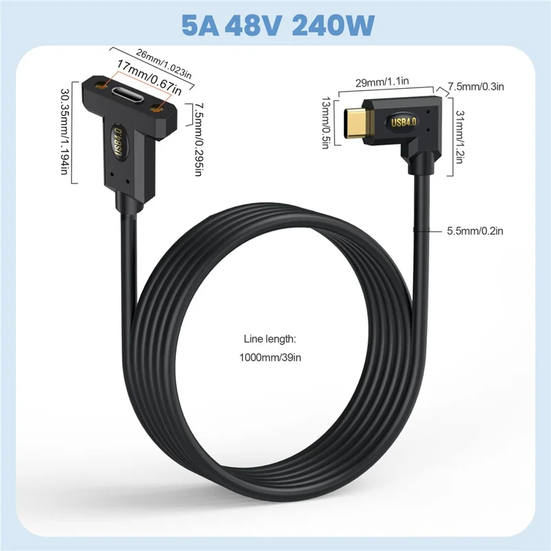 Cavo di Estensione USB 4.0 Type-C ad Angolo Retto verso Type-C Femmina da Pannello, 1m, 240W 8K 40Gbps
