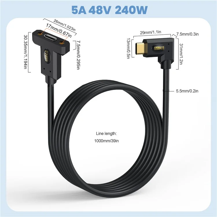 2m USB 4.0 Type-C Right Angle to Type-C Female Panel Mount Extension Cable 240W 8K 40Gbps Data Cord