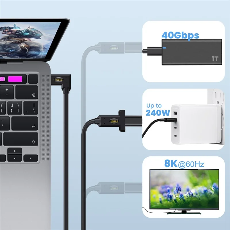 3m USB 4.0 Type-C Right Angle to Type-C Female Panel Mount Extension Cable 240W 8K 40Gbps Data Cord