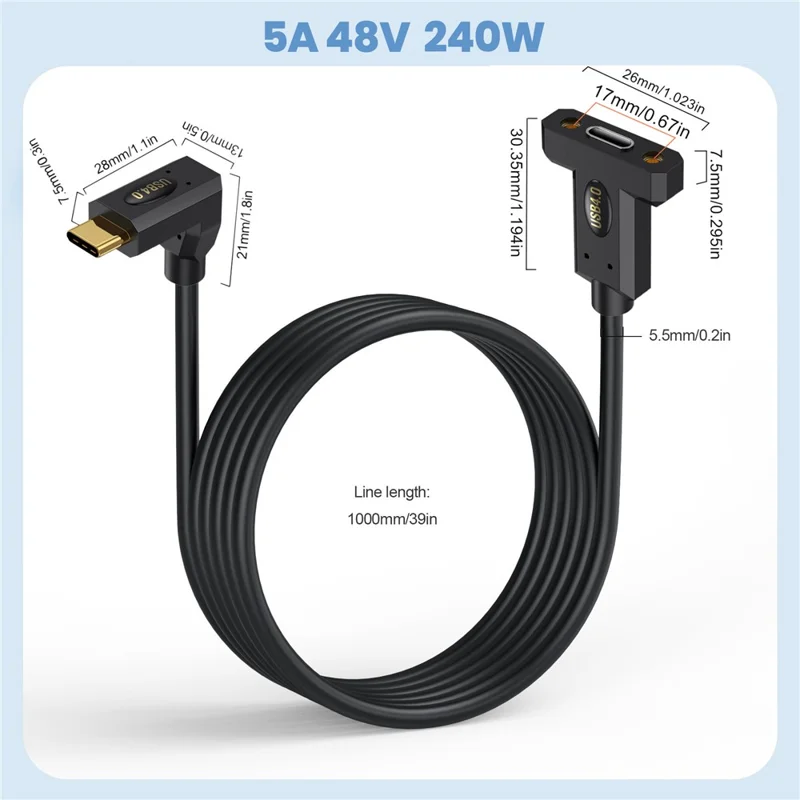 0.3m USB 4.0 Type-C Up-Angle to Type-C Female Panel Mounting Extension Cable 240W 8K 40Gbps Data Cord