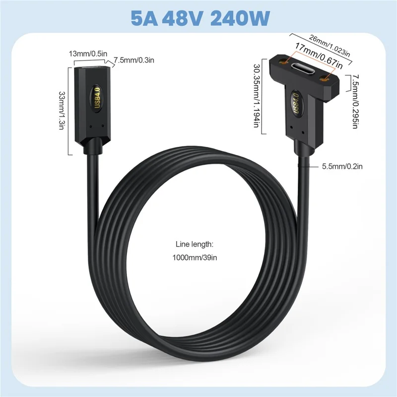 1.8m USB 4.0 Type-C Female to Female Panel Mount Extension Cable 240W 8K Extender Cord for Laptop Tablet
