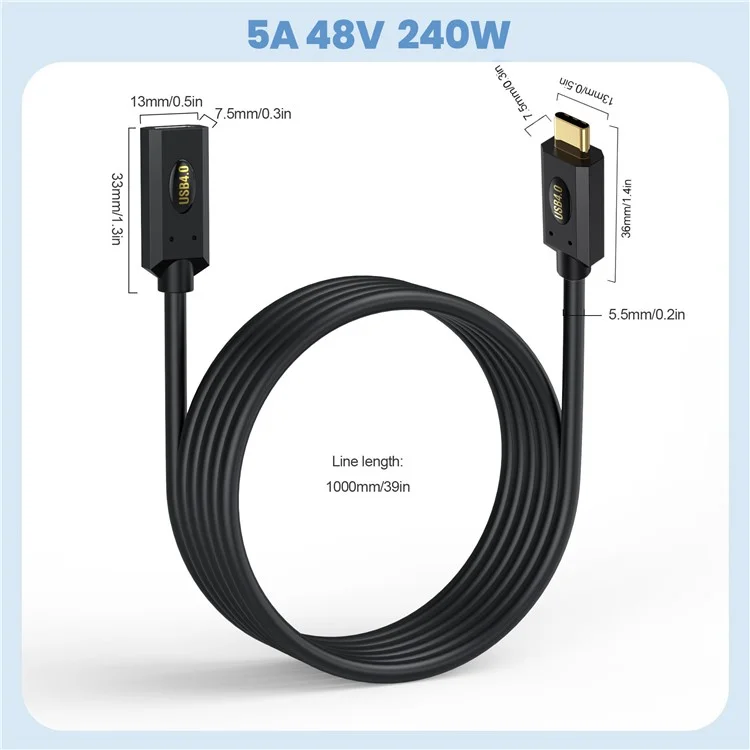 0,3m USB 4.0 Typ-C Stecker auf Buchse Verlängerungskabel 240W 8K 40Gbps Datenkabel für Macbook / Laptop / Tablet