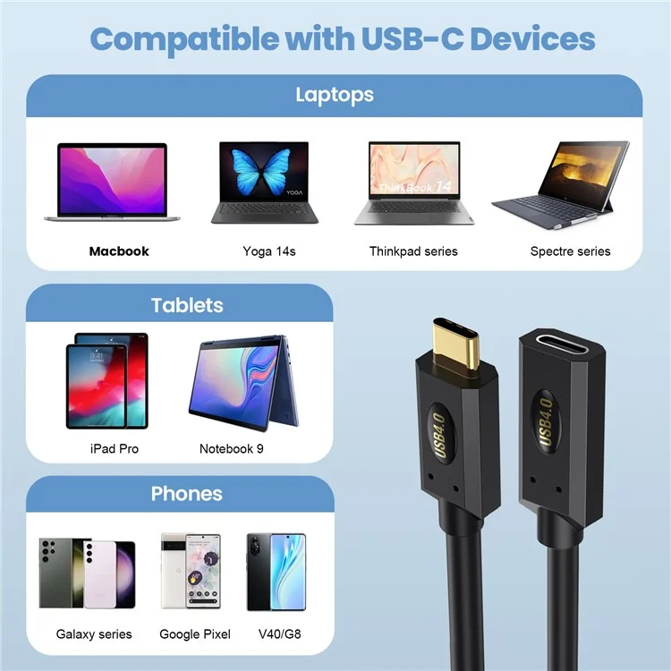0,6 m USB 4.0 Typ-C Männlich zu Weiblich Verlängerungskabel 240 W 8K 40 Gbps Datenkabel für Macbook / Laptop / Tablet