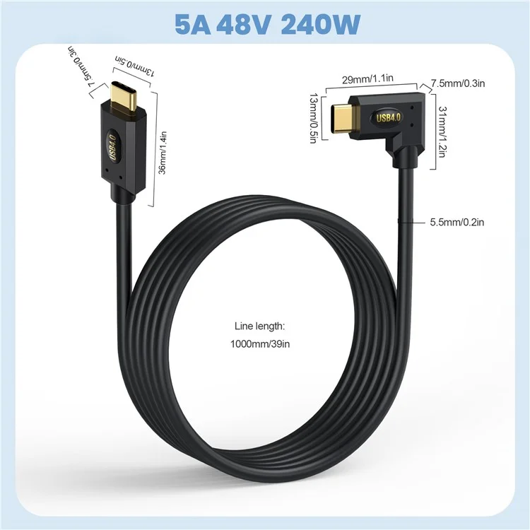 1m USB4 Gewinkeltes Typ-C Kabel, 40 Gbit/s Thunderbolt, 8K Video, PD 240W Schnellladekabel