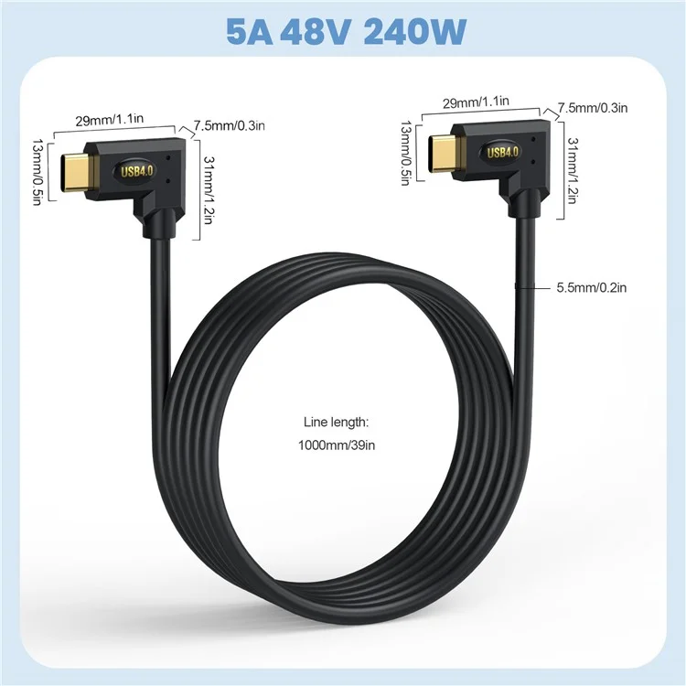 0.6m USB4 Type-C Side-Angled to Side-Angled Cable 40Gbps PD 240W Fast Charge 8K Video Compatible with Thunderbolt Cord