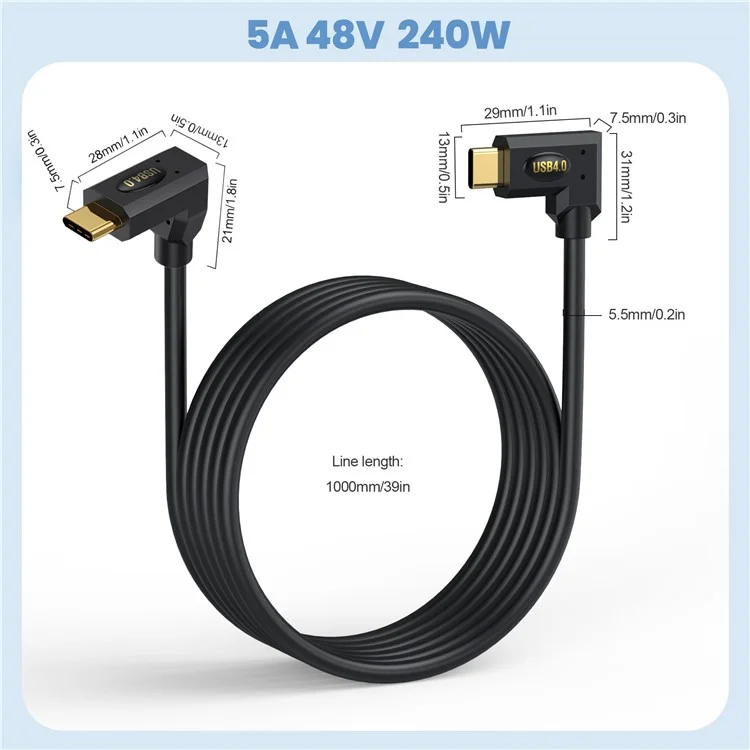 1m USB4 Typ-C Rechtwinklig zu Seitenwinklig Kabel Thunderbolt 40Gbps 8K Video PD 240W Schnellladefähiges Ladekabel
