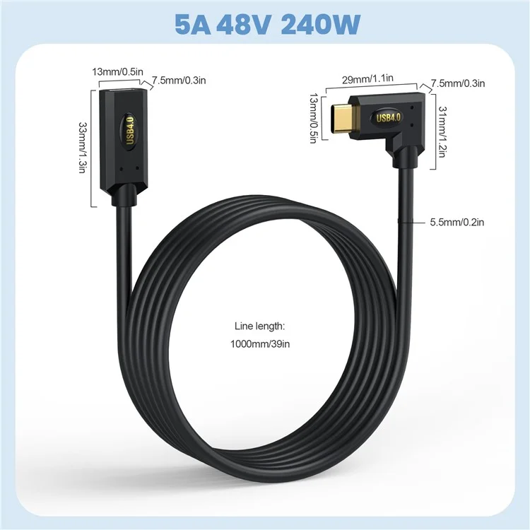 1m USB 4.0 Typ-C Winkelstecker auf Buchse Verlängerungskabel 240W Schnellladekabel für Laptop und Tablet