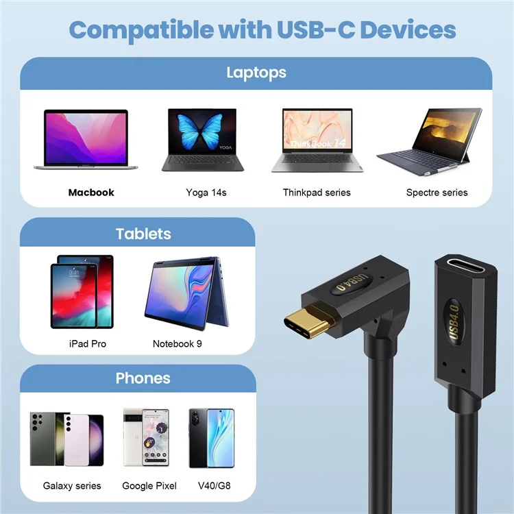 0,6 m USB 4.0 Typ-C Up-Angle Männlich zu Weiblich Verlängerungskabel 240 W Schnellladung 8K 40 Gbps Datentransfer Kabel
