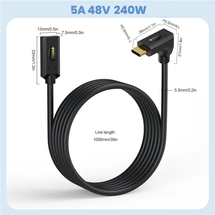1m USB 4.0 Typ-C Winkel-Verlängerungskabel, männlich zu weiblich, 240W Schnellladung, 8K 40Gbps Datenübertragung