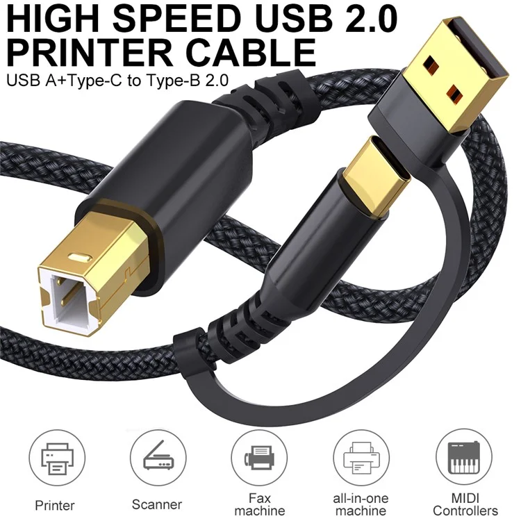 3m USB / Type-C to Square USB Type-B 2 in 1 Printer Cable Braided Printing Connection Cord - Black