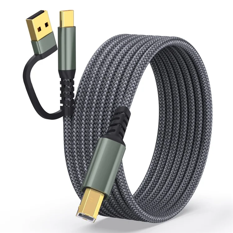 3m USB / Type-C to Square USB Type-B 2 in 1 Printer Cable Braided Printing Connection Cord - Grey
