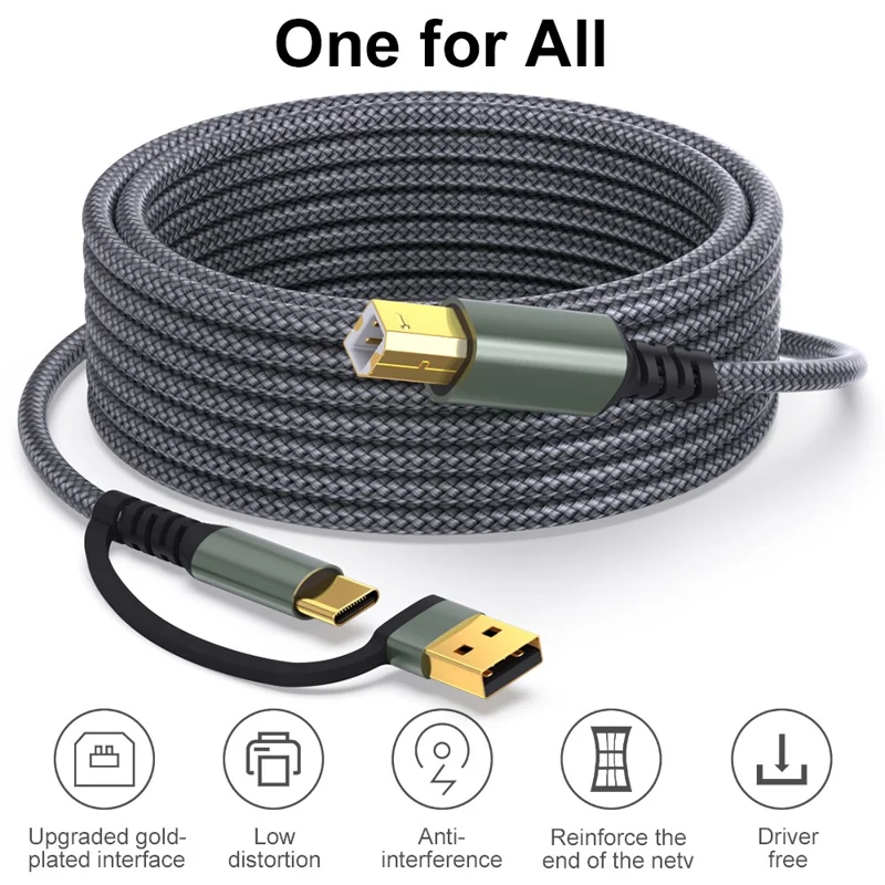 3m USB / Type-C to Square USB Type-B 2 in 1 Printer Cable Braided Printing Connection Cord - Grey