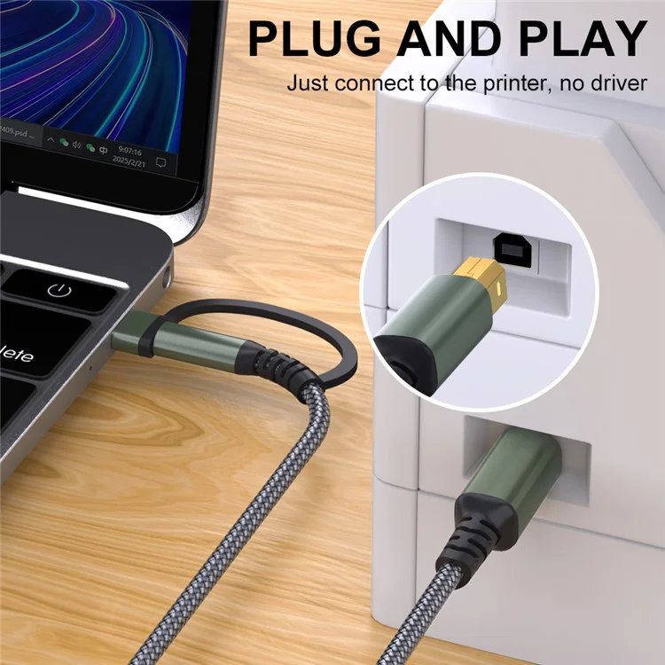 3m USB / Type-C to Square USB Type-B 2 in 1 Printer Cable Braided Printing Connection Cord - Grey