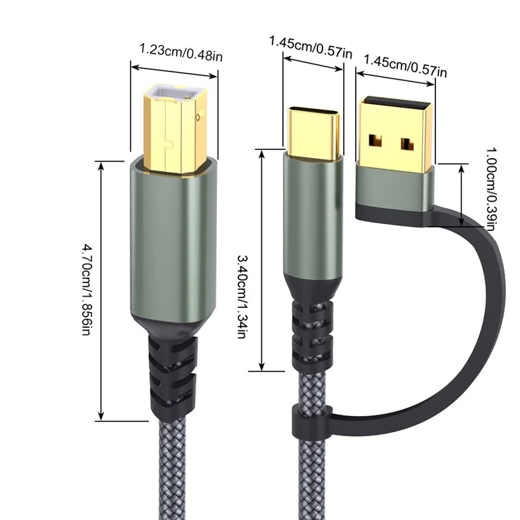 3m USB / Type-C to Square USB Type-B 2 in 1 Printer Cable Braided Printing Connection Cord - Grey