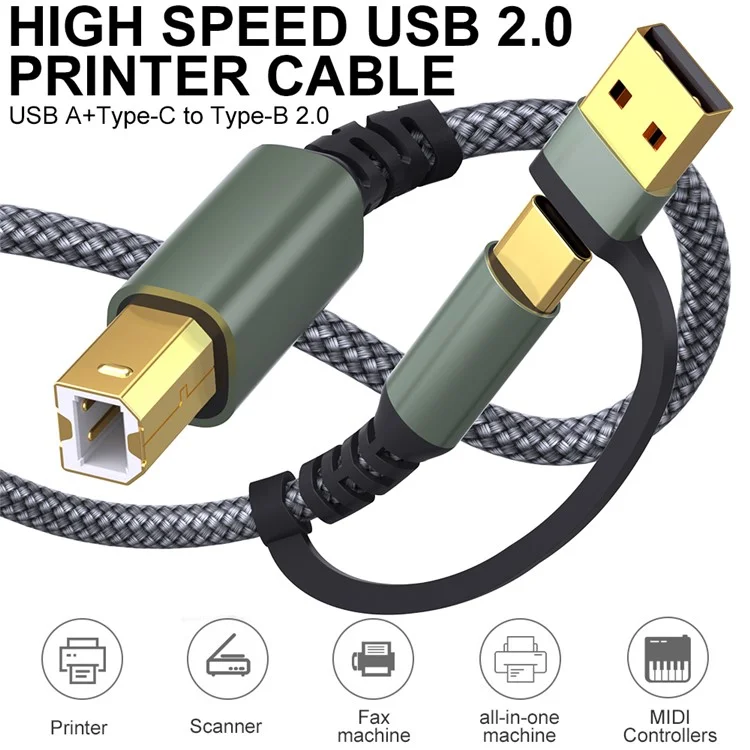 3m USB / Type-C to Square USB Type-B 2 in 1 Printer Cable Braided Printing Connection Cord - Grey