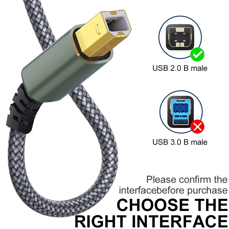 3m USB / Type-C to Square USB Type-B 2 in 1 Printer Cable Braided Printing Connection Cord - Grey
