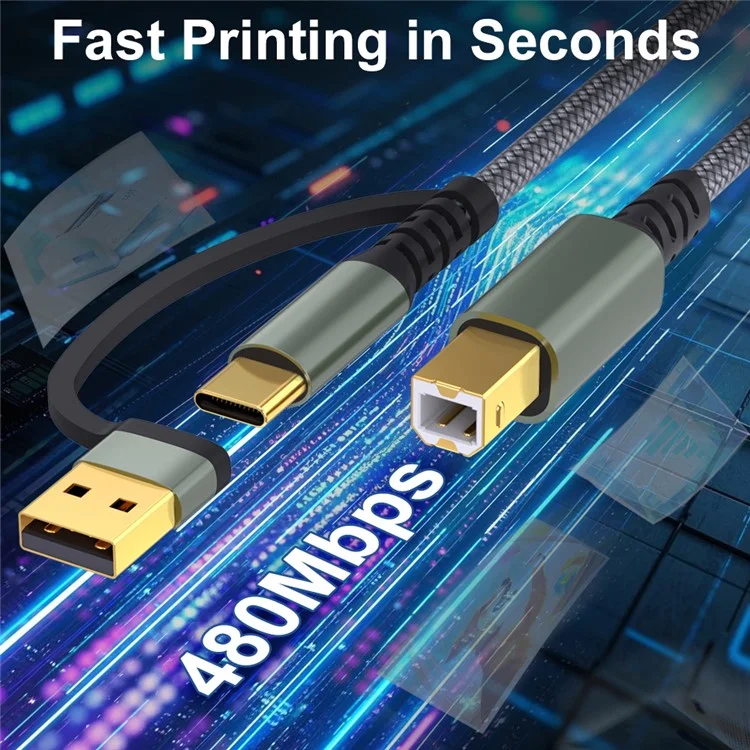 3m USB / Type-C to Square USB Type-B 2 in 1 Printer Cable Braided Printing Connection Cord - Grey