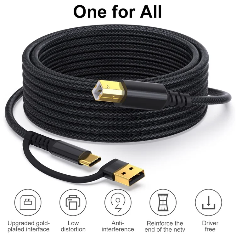 Câble d'imprimante USB / Type-C vers USB Type-B carré 2 en 1 tressé pour connexion d'impression - Noir