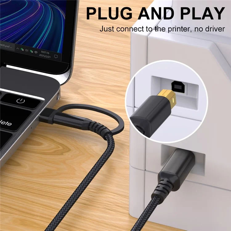 Câble d'imprimante USB / Type-C vers USB Type-B carré 2 en 1 tressé pour connexion d'impression - Noir