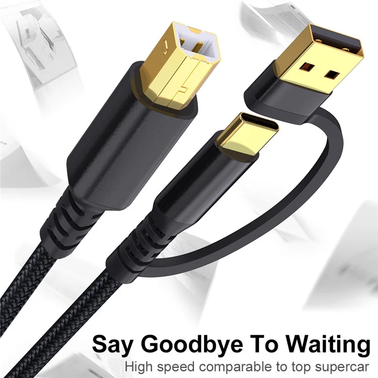 Câble d'imprimante USB / Type-C vers USB Type-B carré 2 en 1 tressé pour connexion d'impression - Noir